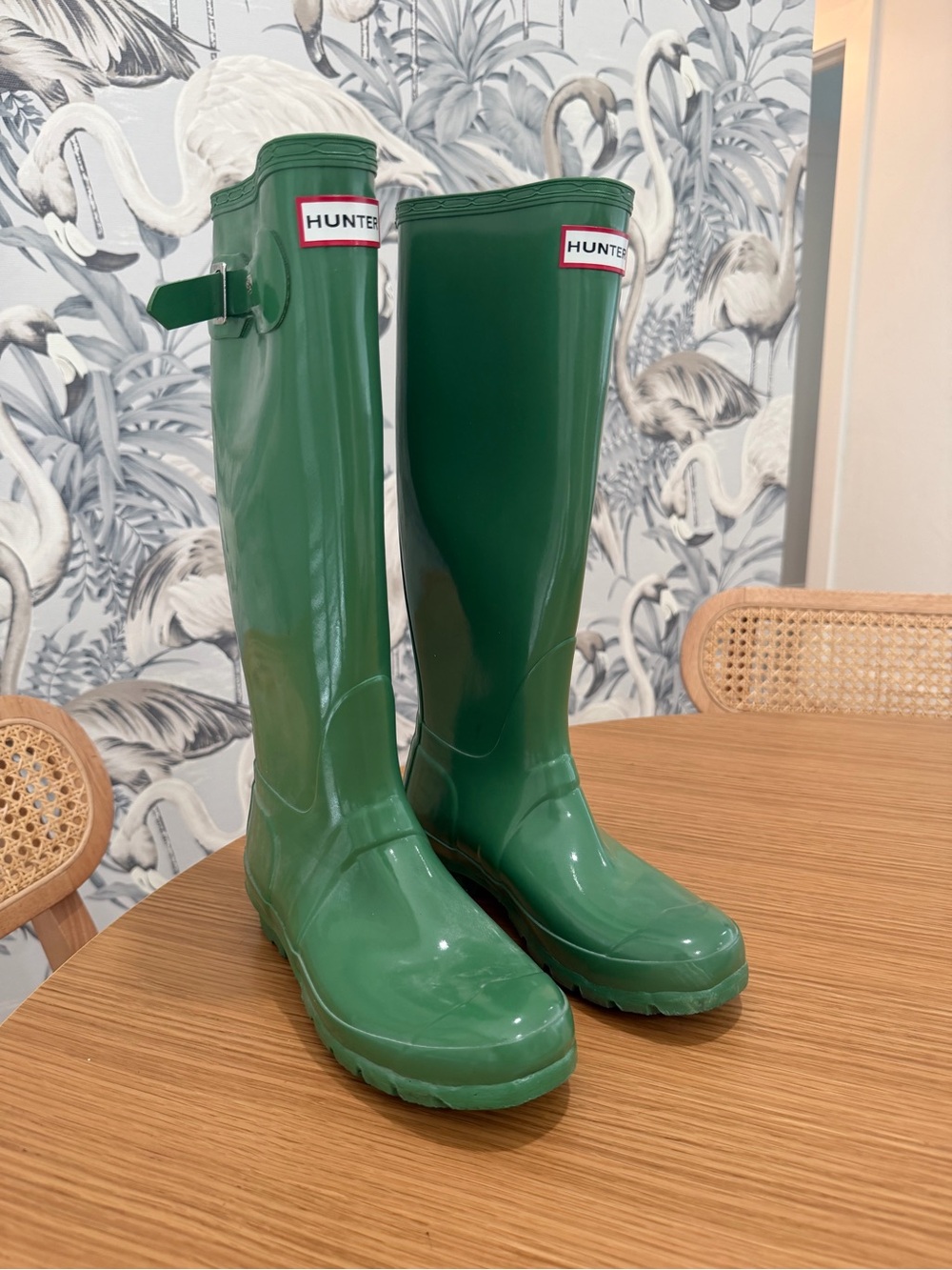 Hunter Glossy Forest Green Tall Rain Boots with Logo